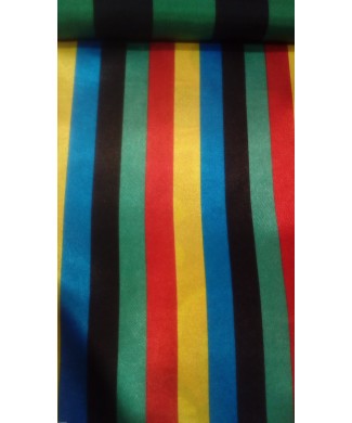 Raso multirayas amarillo, turquesa, negro, verde y rojo 1.50 de ancho 100% poliester
