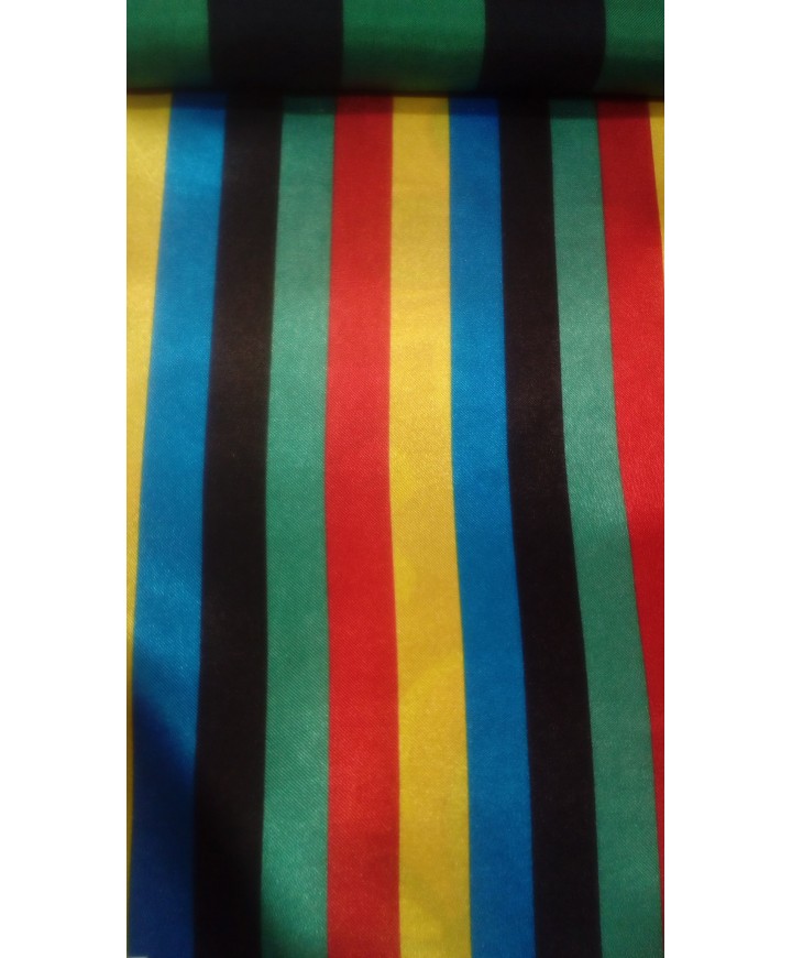 Raso multirayas amarillo, turquesa, negro, verde y rojo 1.50 de ancho 100% poliester