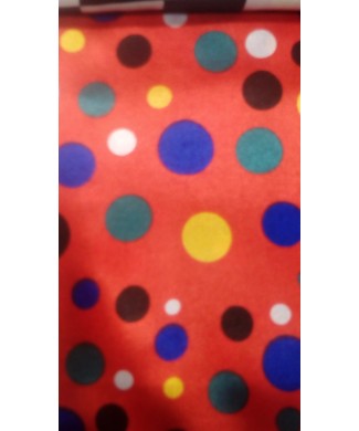 Raso fondo rojo lunares amarillo, azulon, blanco, negro y verde 1.50 de ancho 100% poliester