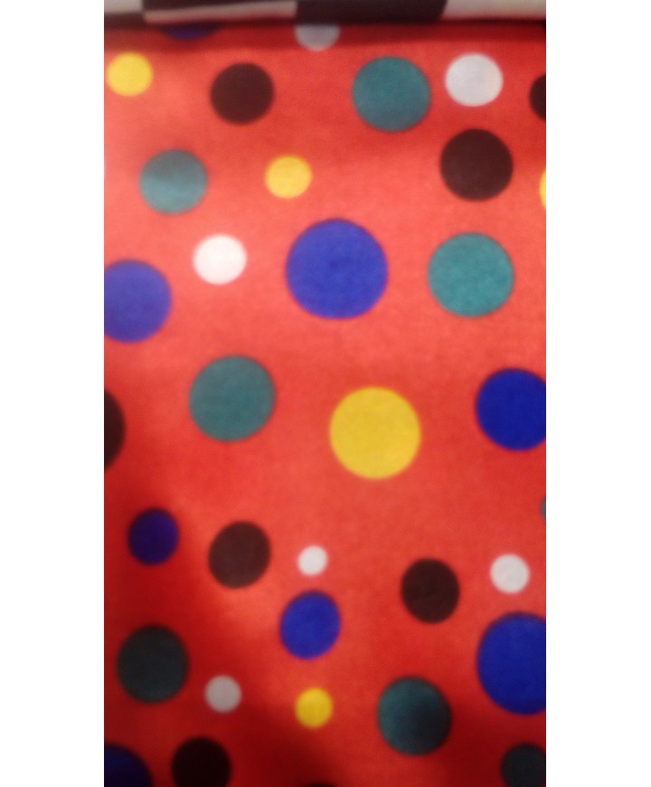 Raso fondo rojo lunares amarillo, azulon, blanco, negro y verde 1.50 de ancho 100% poliester