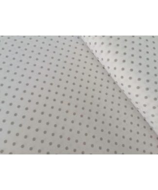 Pique canutillo fondo blanco lunar gris  65% poliester 35% algodon 1.50 ancho
