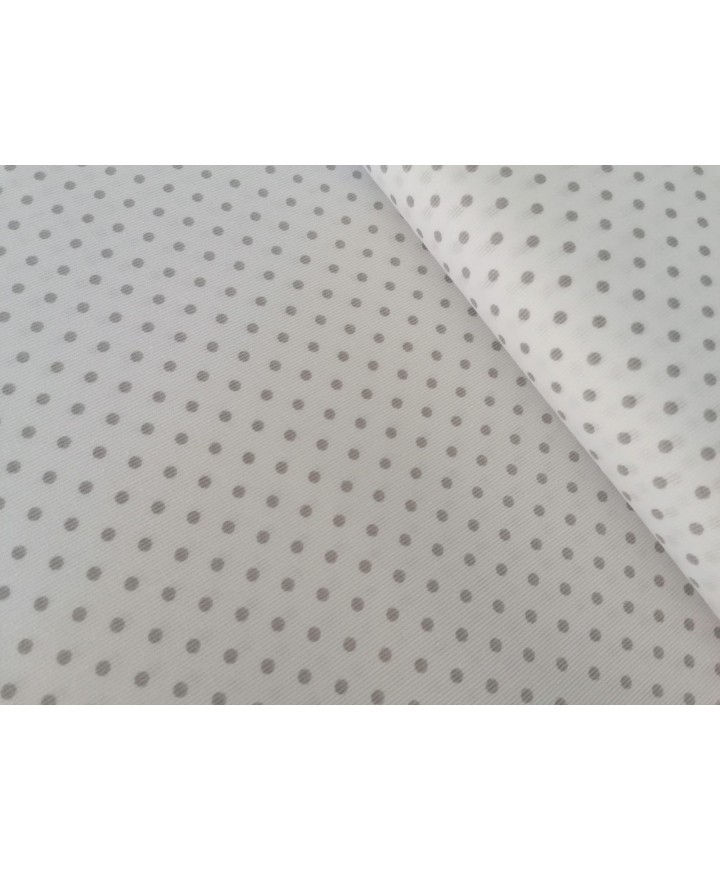 Pique canutillo fondo blanco lunar gris  65% poliester 35% algodon 1.50 ancho