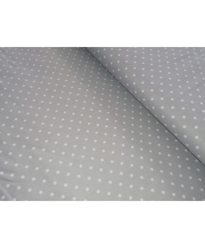 Pique canutillo 65% poliester 35% algodon fondo gris lunar blanco 1.50 ancho