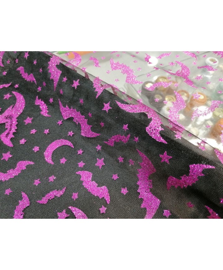 Tul Halloween murciélago morado brillo 1,50 de ancho
