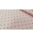 Pique canutillo fondo rosa lunar gris  65% poliester 35% algodon 1.50 ancho