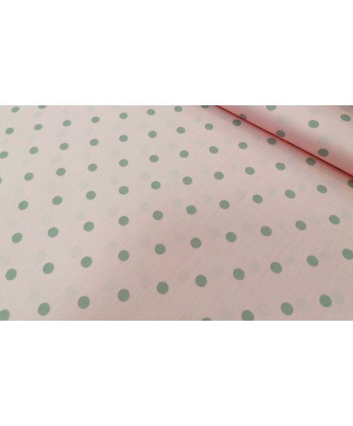 Pique canutillo fondo rosa lunar gris  65% poliester 35% algodon 1.50 ancho