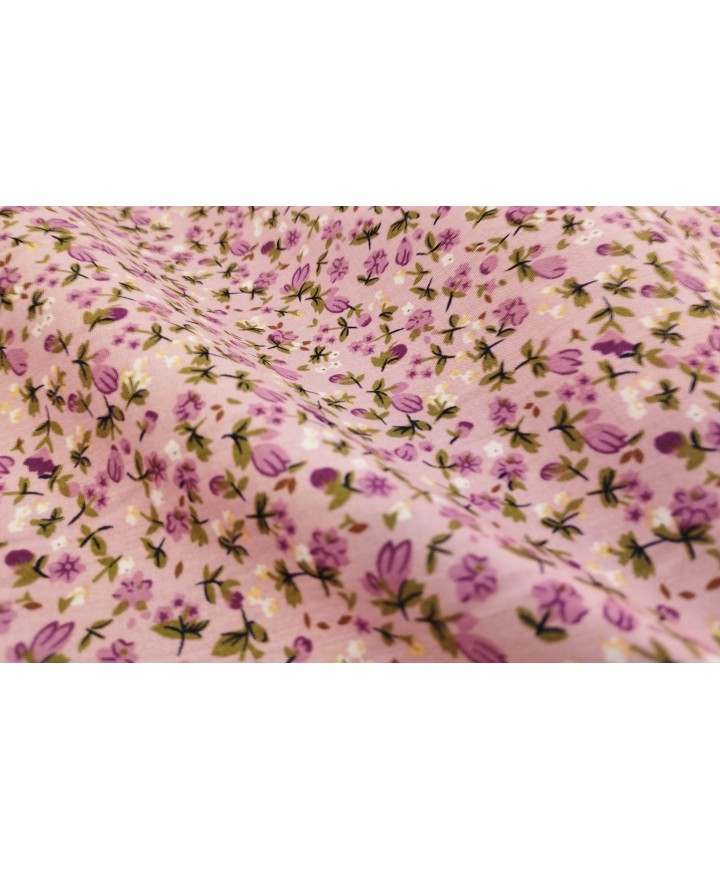 Viscosa 100% 1.50m de ancho fondo rosa  flores malvas