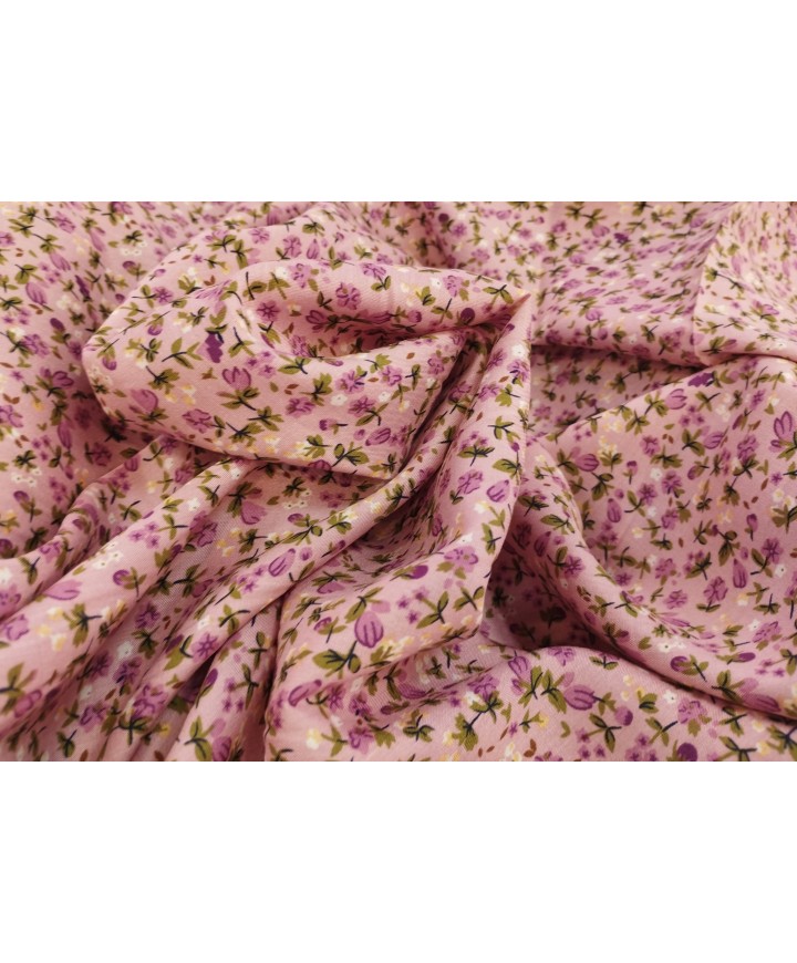 Viscosa 100% 1.50m de ancho fondo rosa  flores malvas
