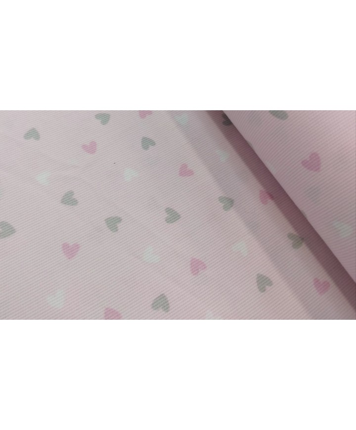 Pique canutillo 65% poliéster 35% algodón fondo rosa corazones grises, rosas y blancos 1,40 de ancho