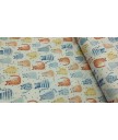 Algodón 100% gatitos azules, mostaza y naranja 1,50 de ancho