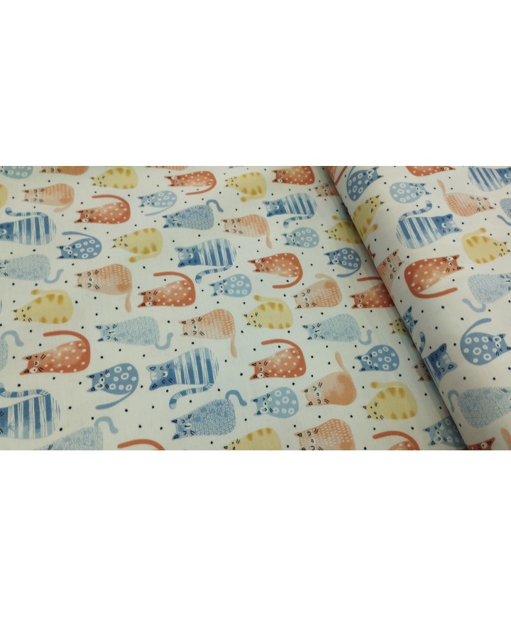 Algodón 100% gatitos azules, mostaza y naranja 1,50 de ancho