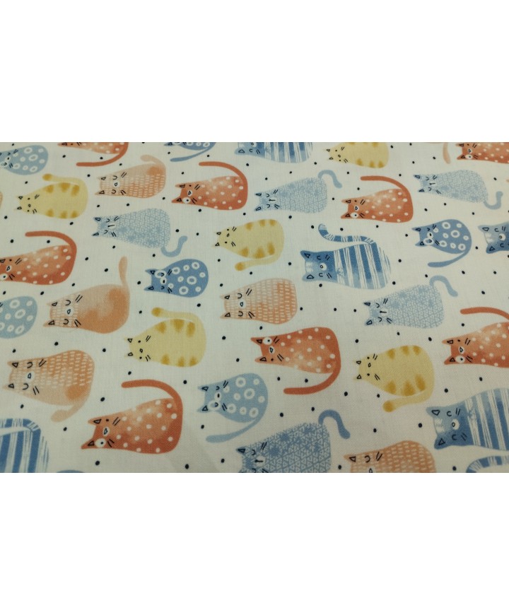 Algodón 100% gatitos azules, mostaza y naranja 1,50 de ancho